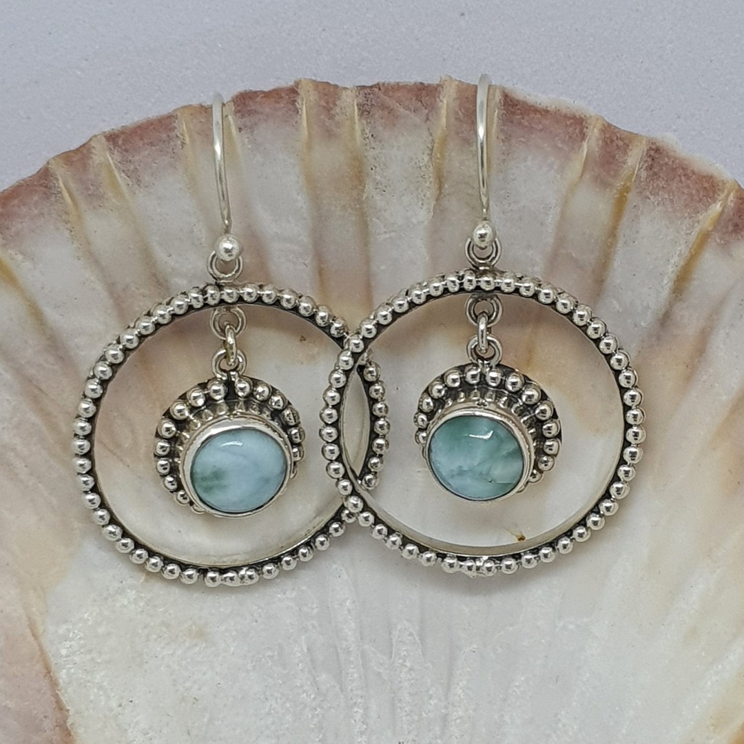 Fabulous, large decorated larimar gemstone hoop earrings image 2