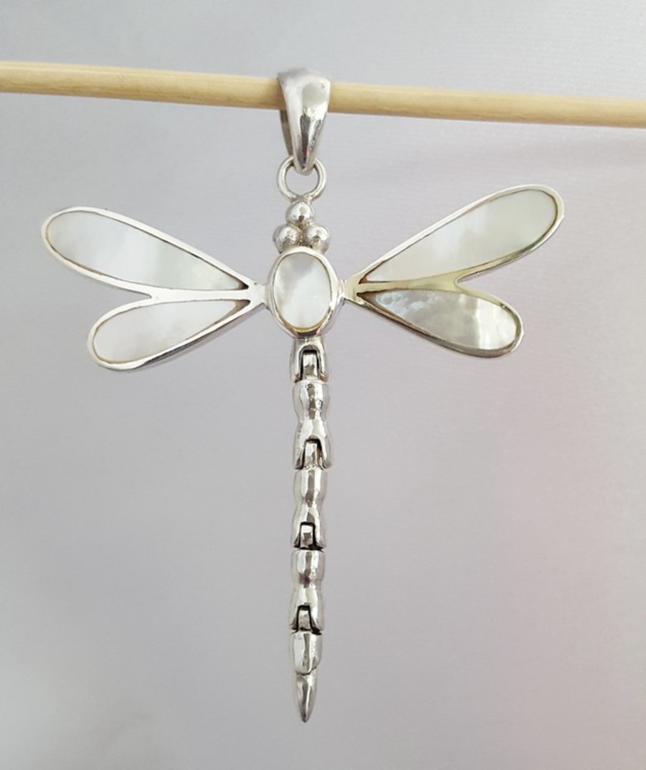 Mother of pearl silver dragonfly pendant image 1