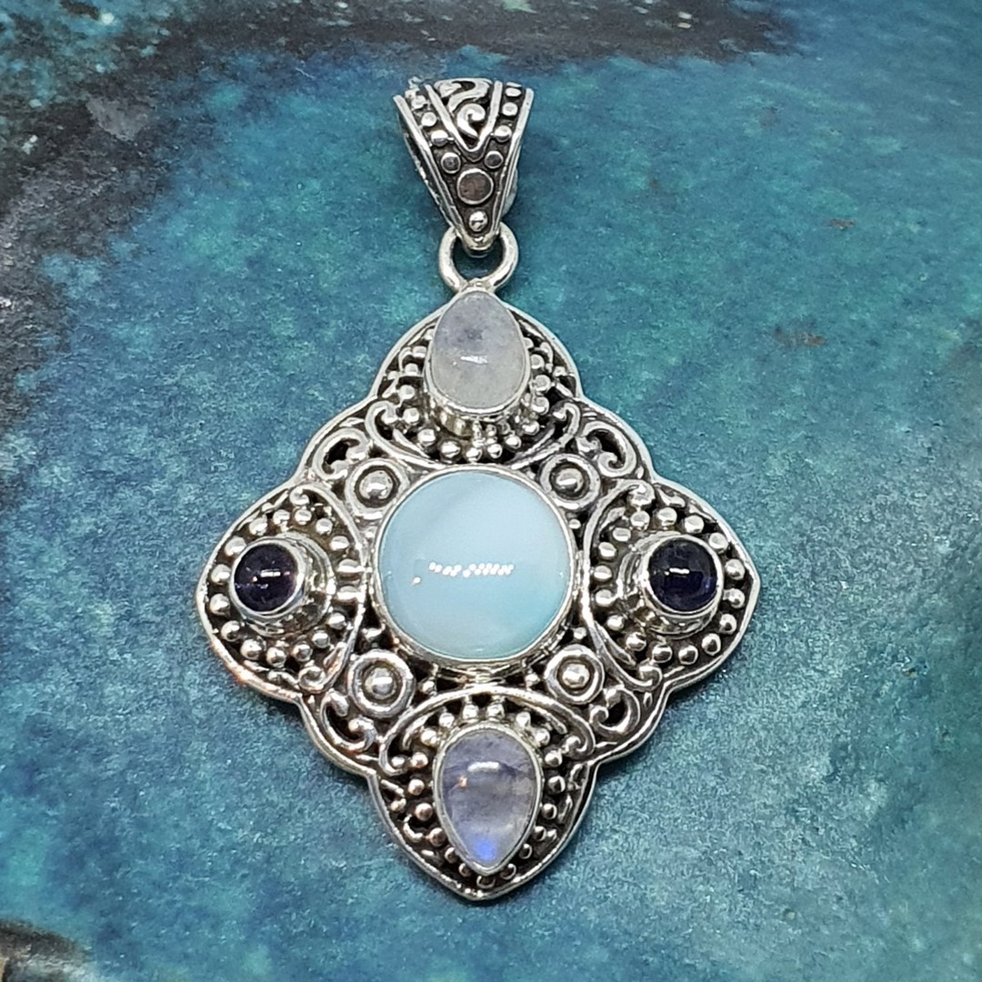 Sterling silver larimar and multi gemstone pendant image 0