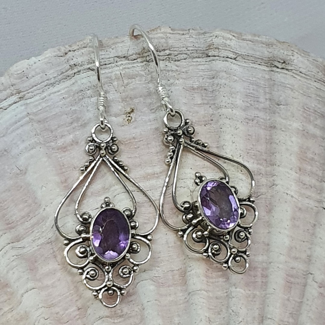 Silver filigree earrings with purple gemstone image 0
