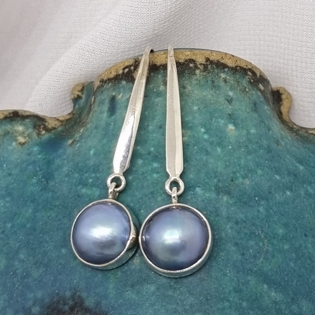Elegant long stem grey pearl earrings, sterling silver image 0