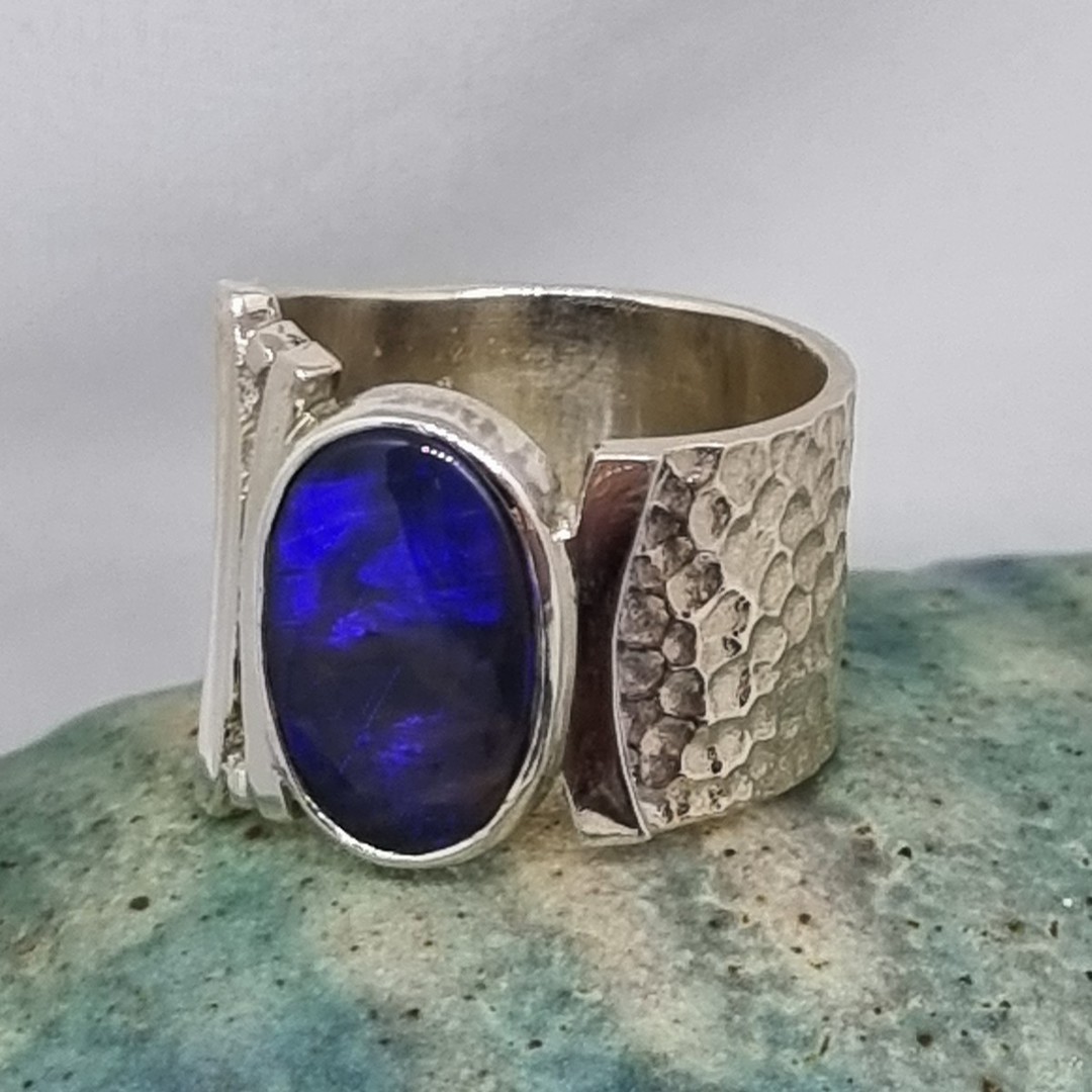 Wide hammered silver ring with Australian opal image 1