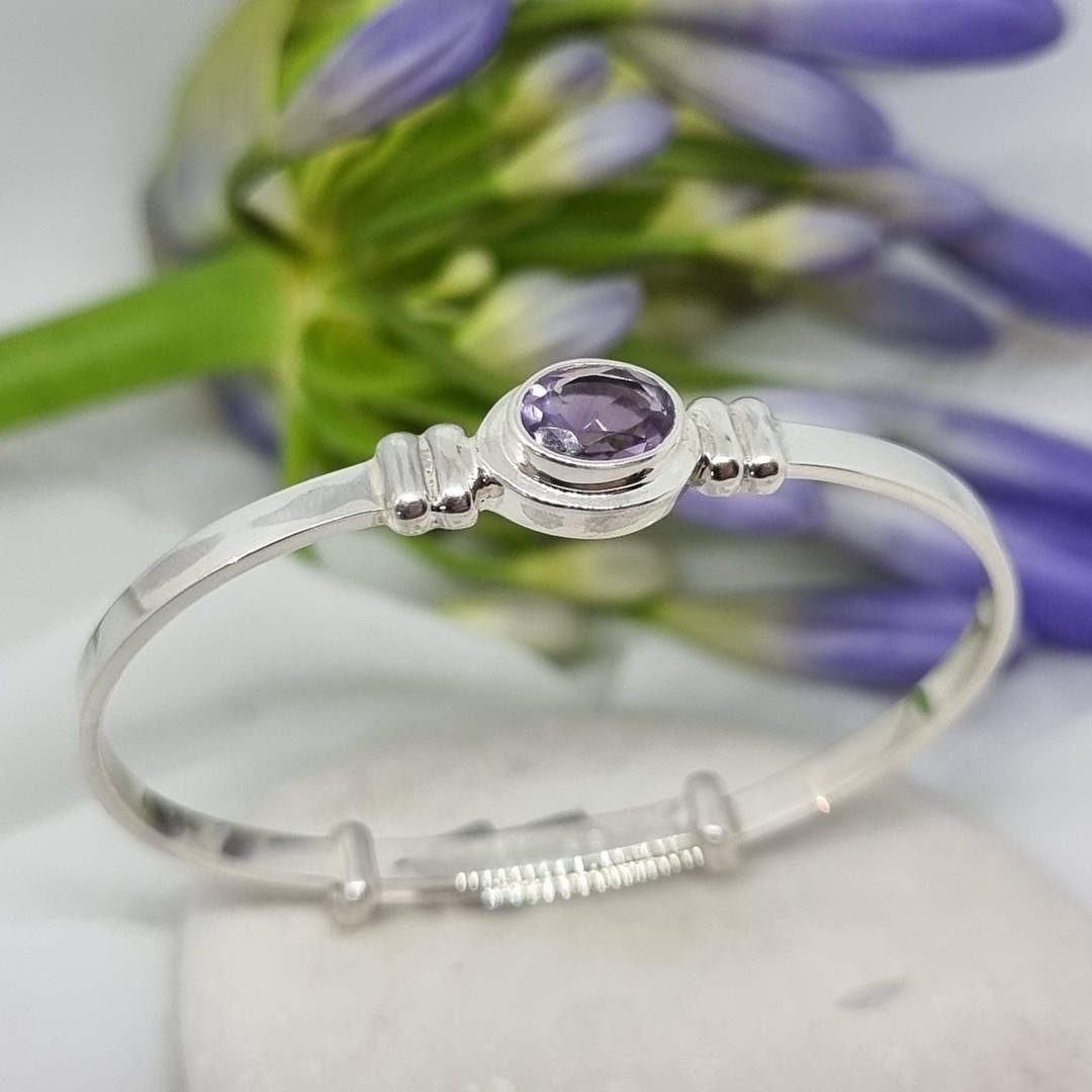 Adjustable silver baby bangle with synthetic amethyst image 2