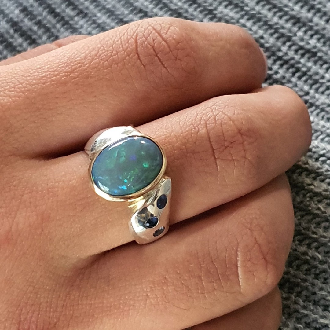 Sterling silver opal and sapphire ring image 1