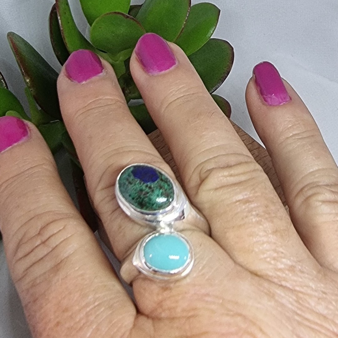 Turquoise and malachite azurite gemstone silver ring image 3