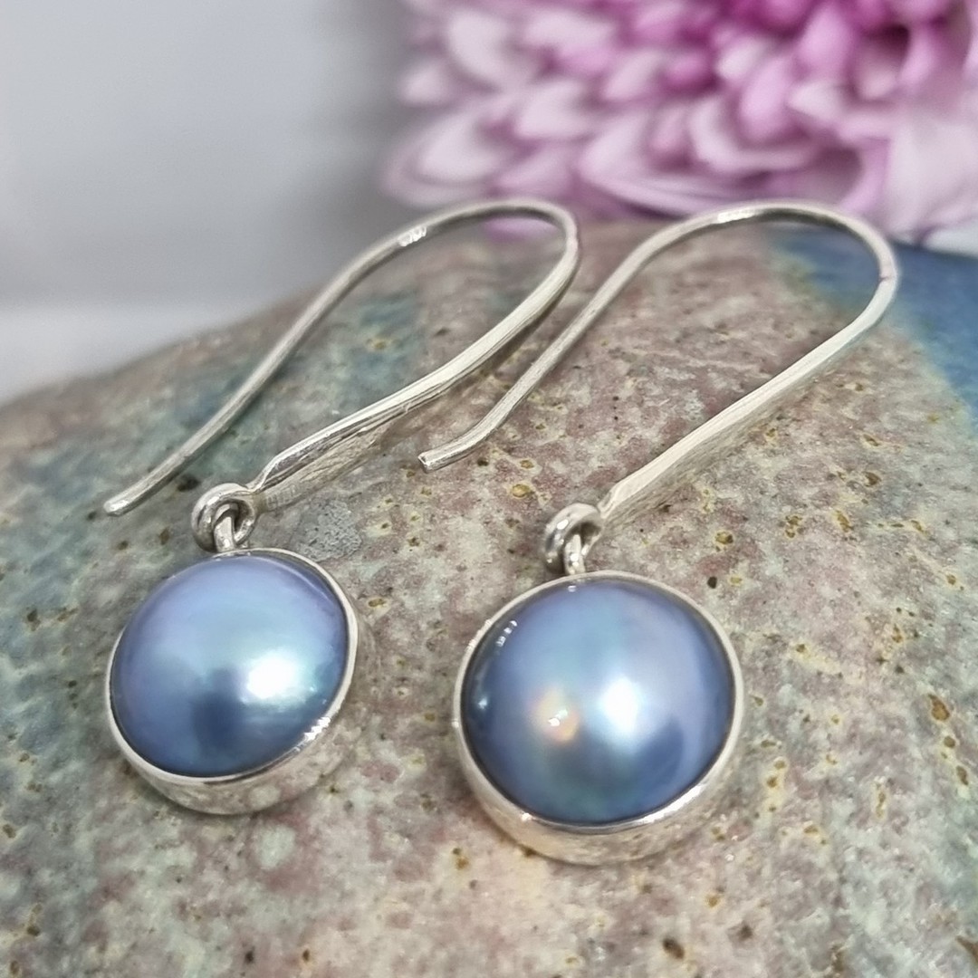 Elegant long stem grey pearl earrings, sterling silver image 1