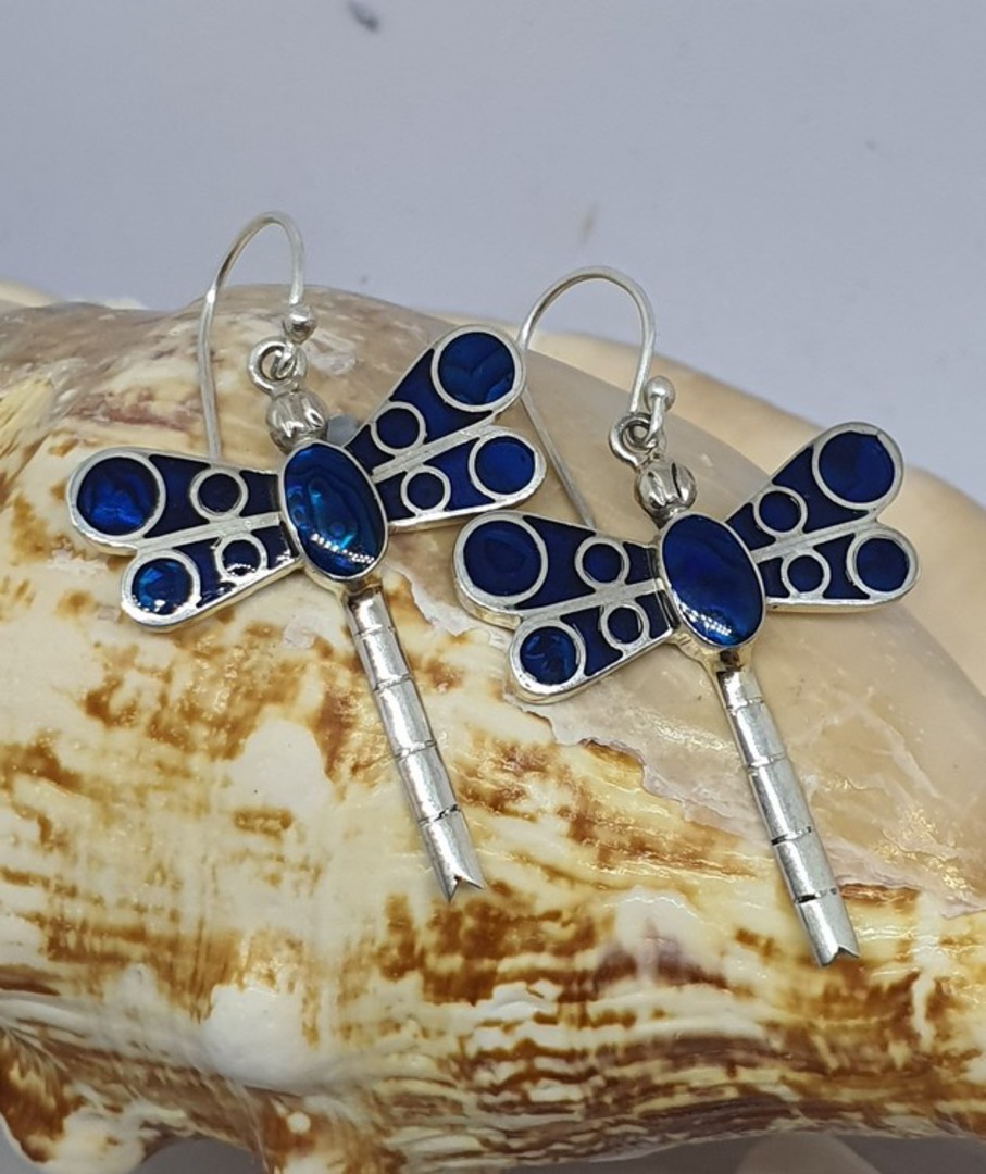 Inlay dyed blue paua shell - dragonfly earrings image 1