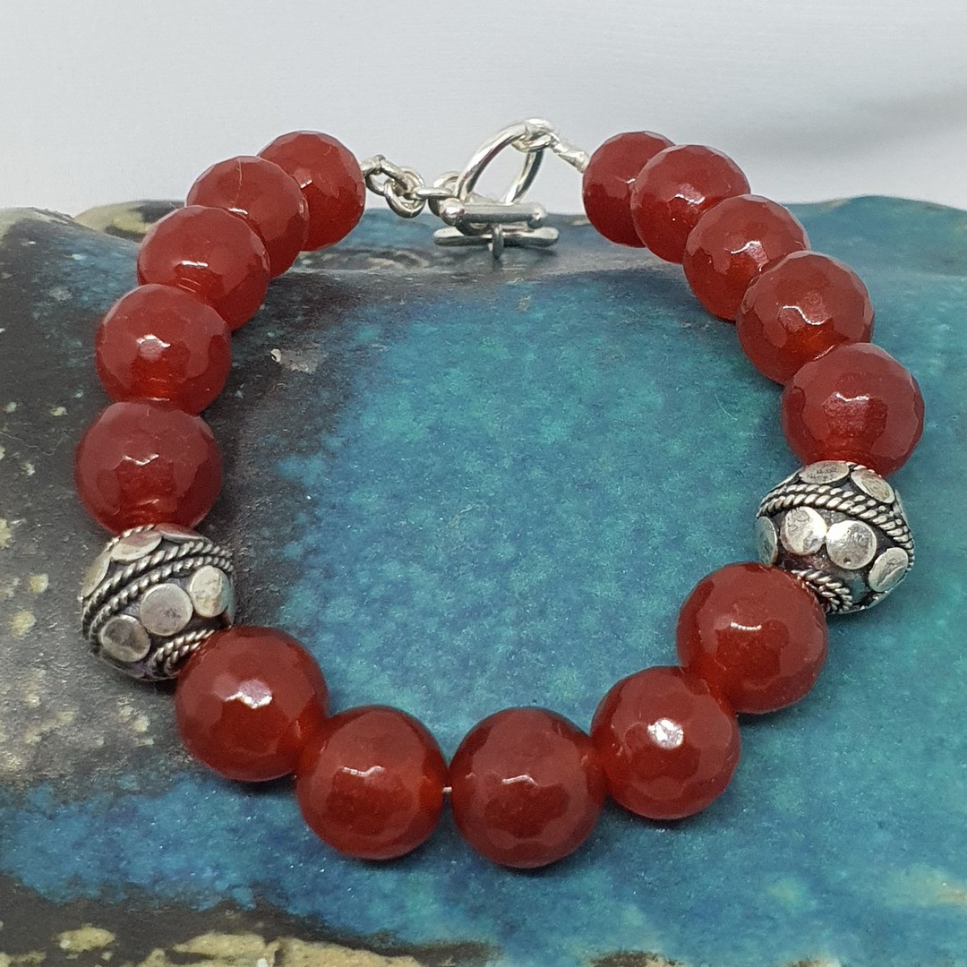 Natural carnelian beads and silver bracelet image 1