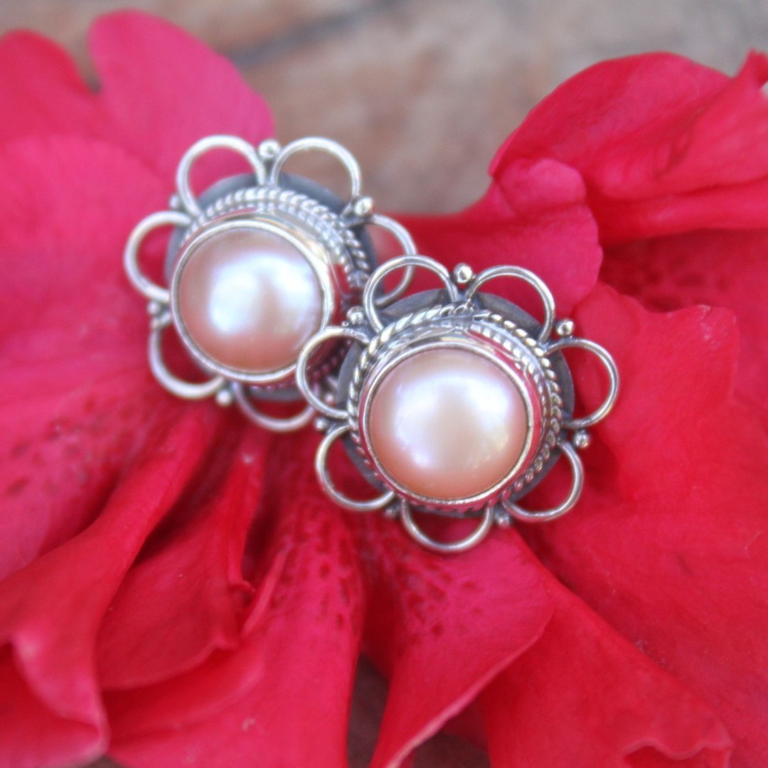 White Pearl Silver Flower earrings image 0