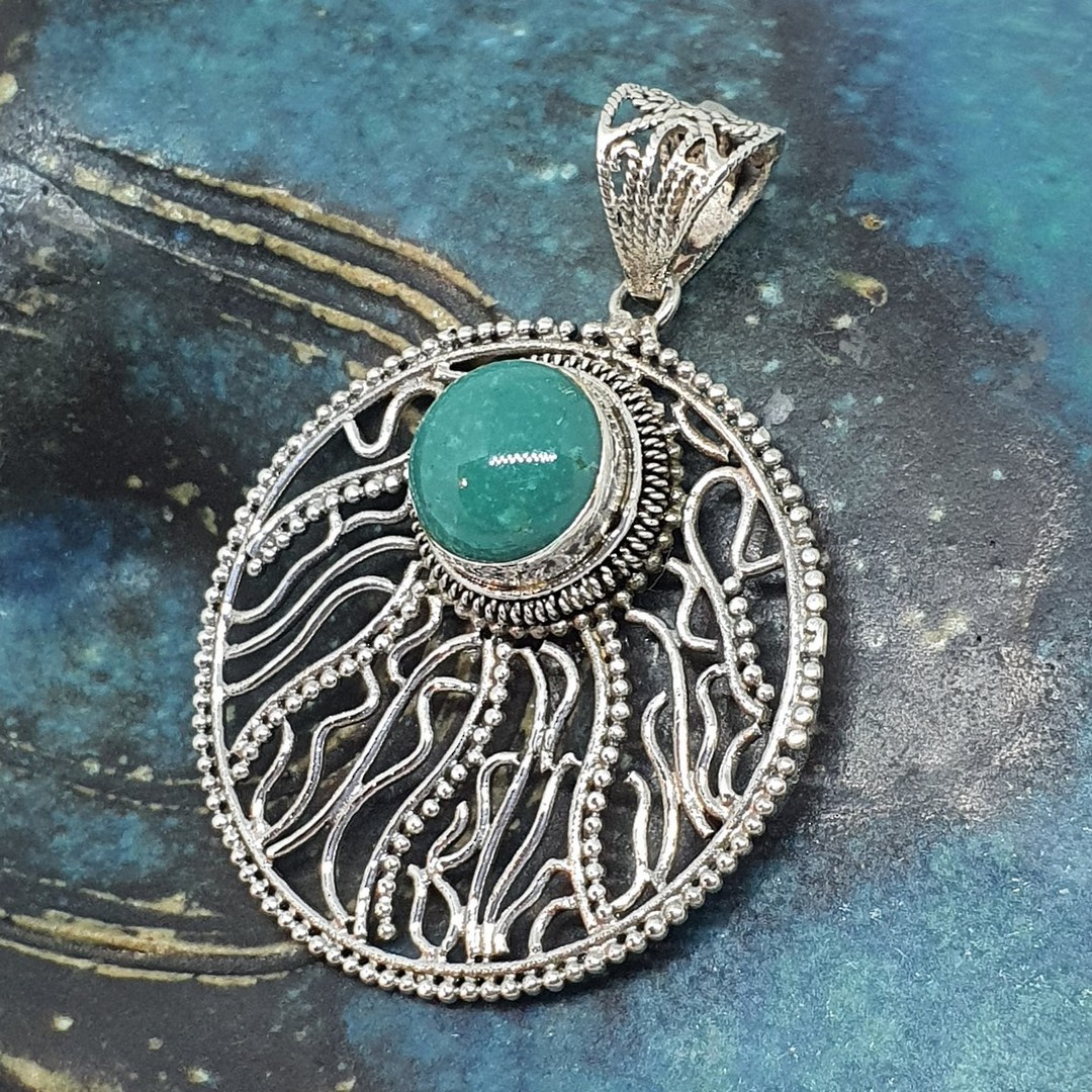 Sterling silver round filigree turquoise pendant image 1