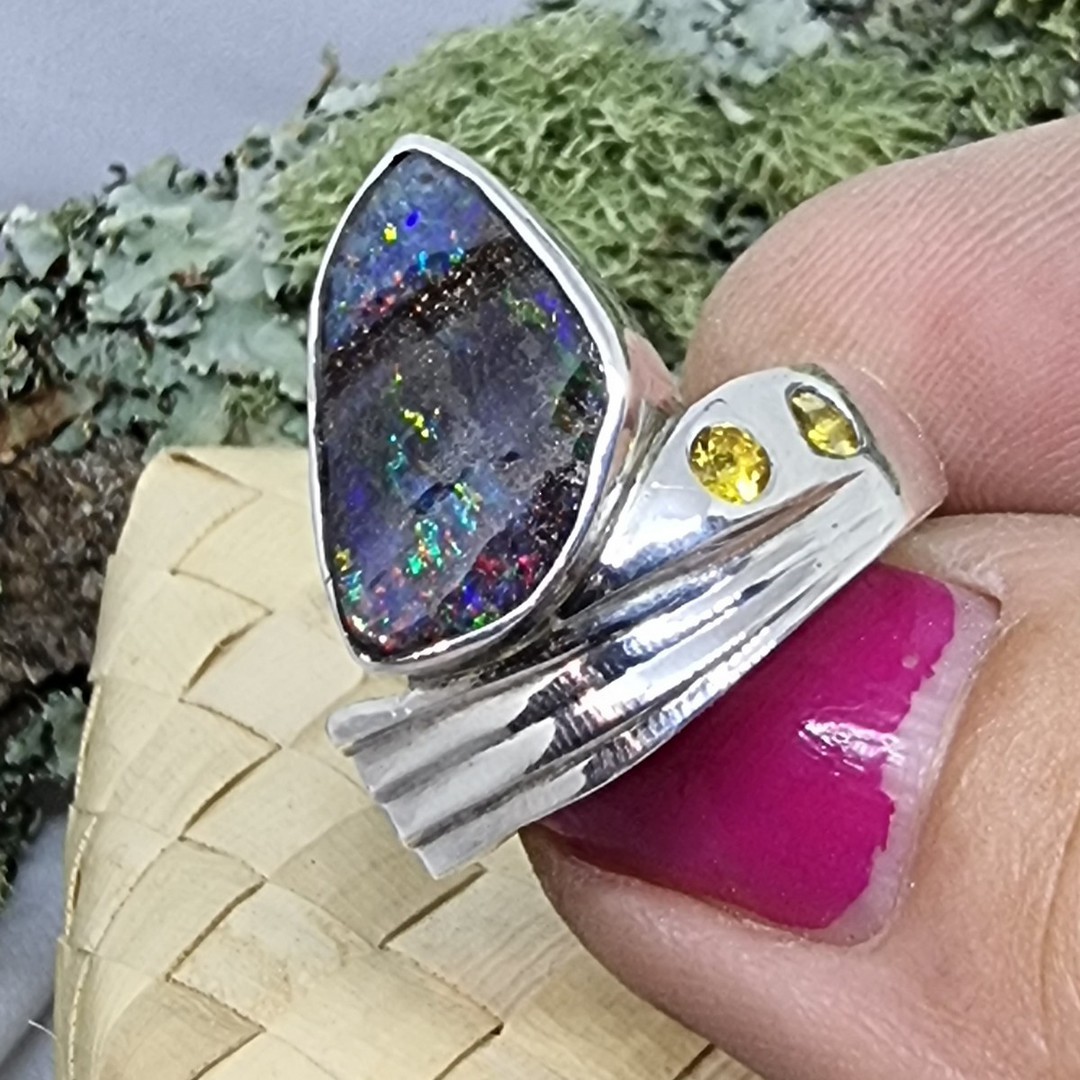 Boulder opal and natural yellow sapphire silver ring image 3