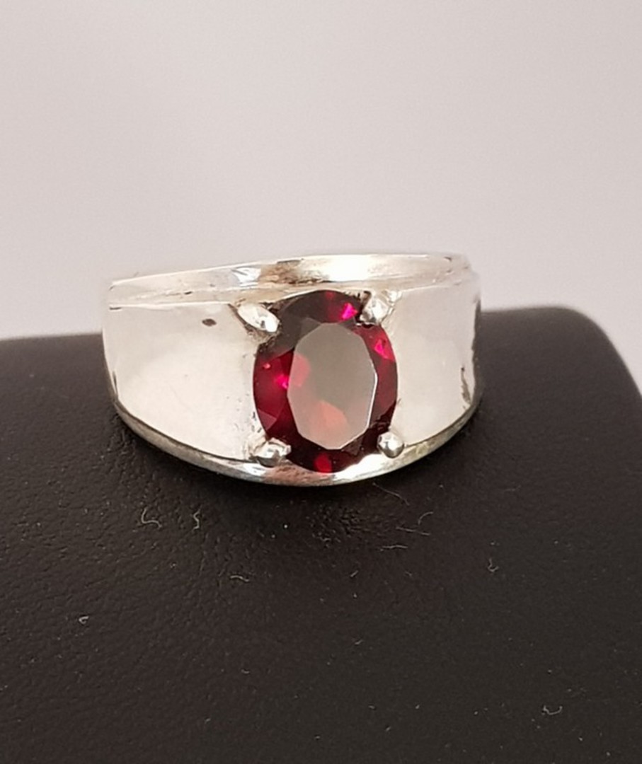 Wide silver band ring with red garnet gemstone image 2