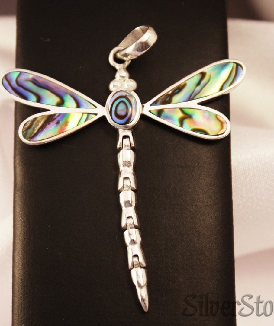 NZ paua shell silver dragonfly pendant image 1