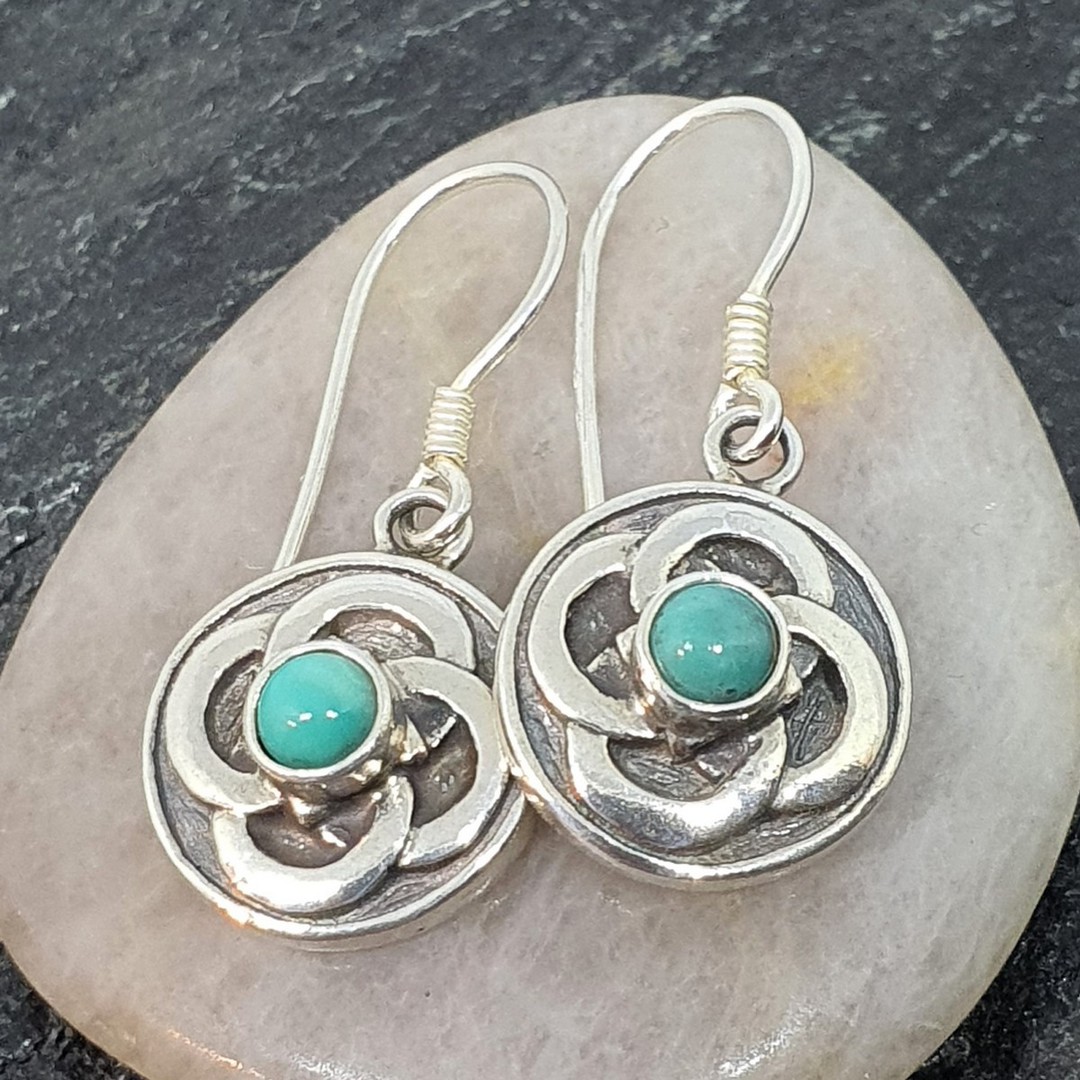 Silver turquoise round flower earrings image 0