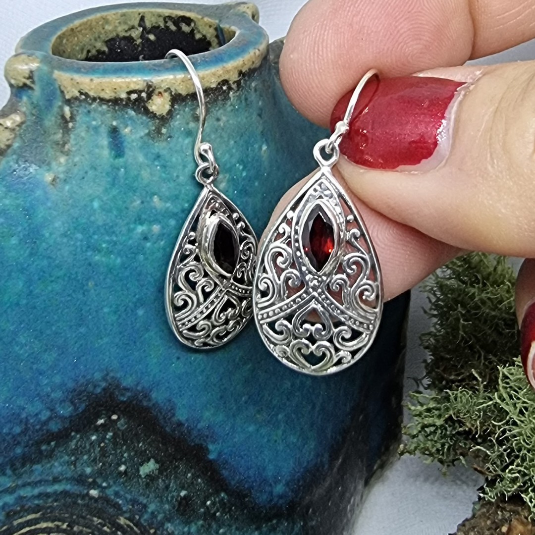 Incredible detail, sterling silver garnet earrings image 2
