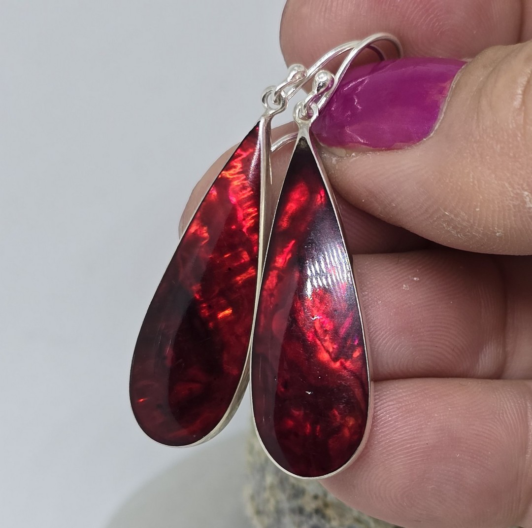 Elongated oval red earrings, sterling silver gorgeous shine image 1