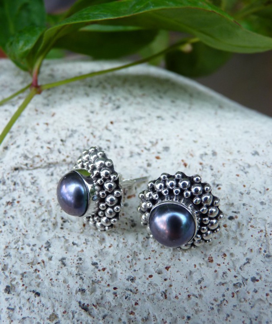 Blue/gray pearl earrings, sterling silver image 2