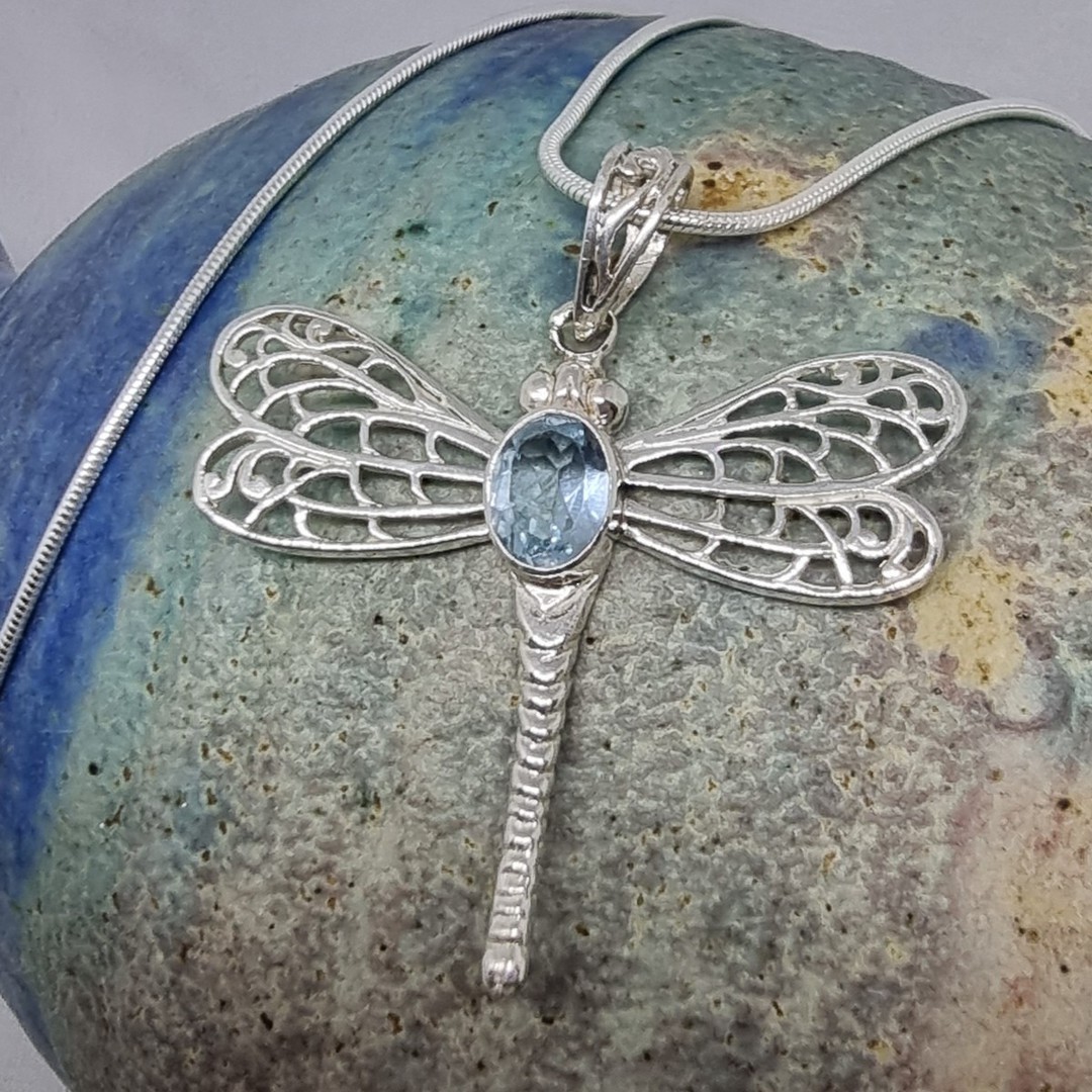Sterling silver blue topaz dragonfly pendant image 1