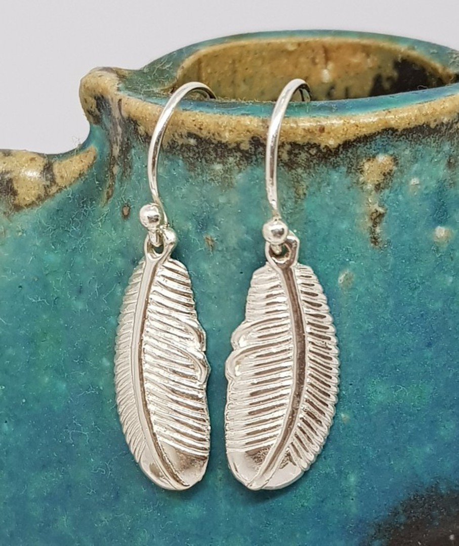 Sterling silver feather earrings on hooks image 0