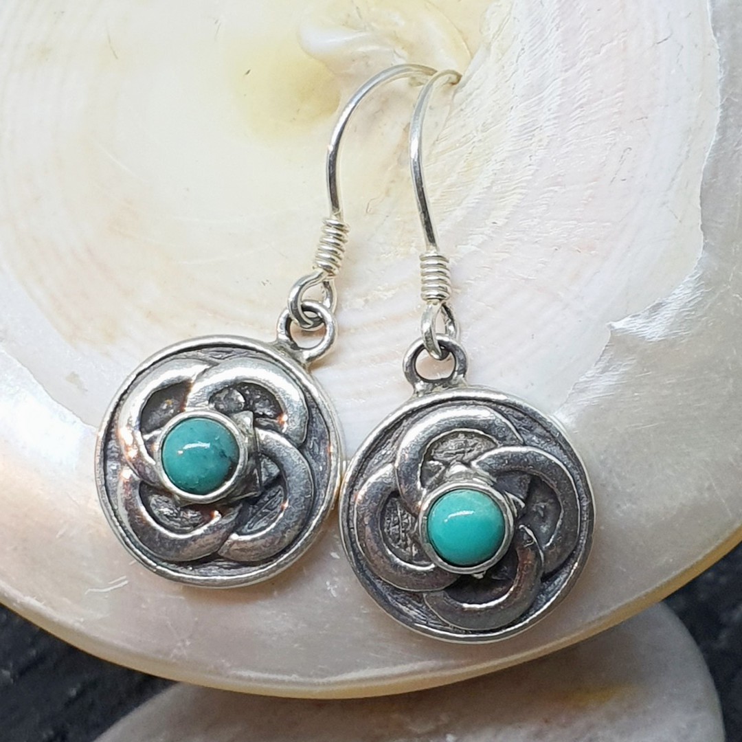 Silver turquoise round flower earrings image 1