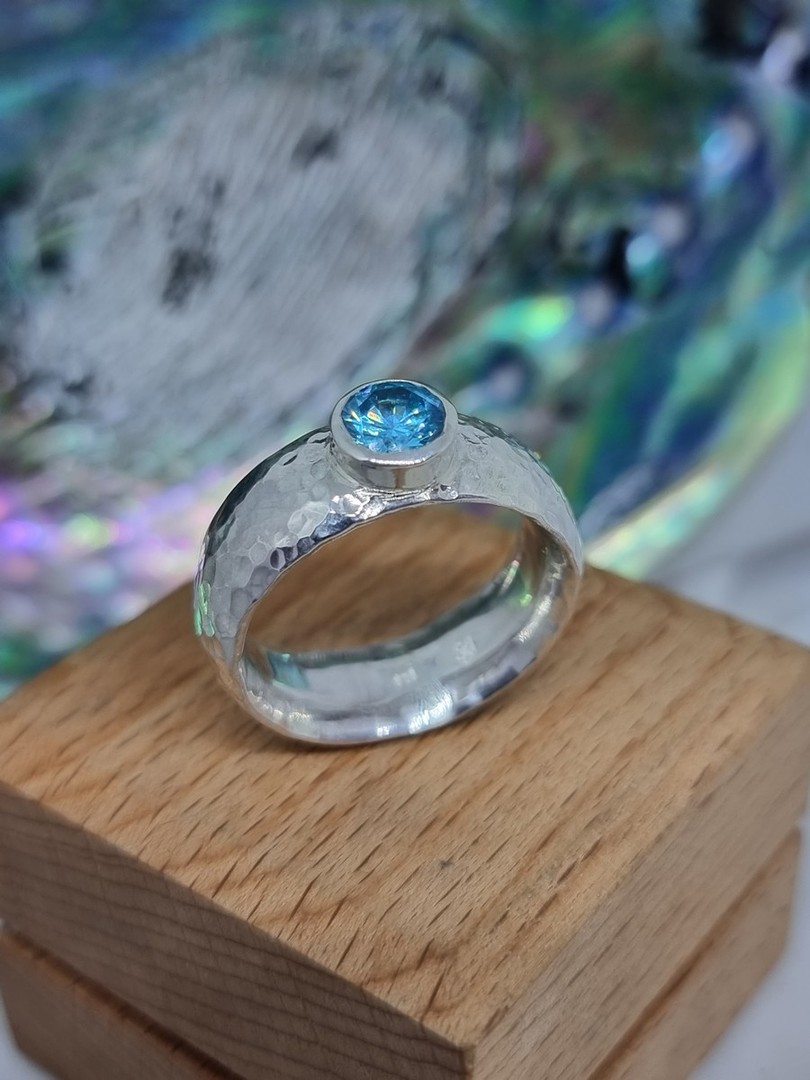 Sterling silver hammered band with blue topaz image 5