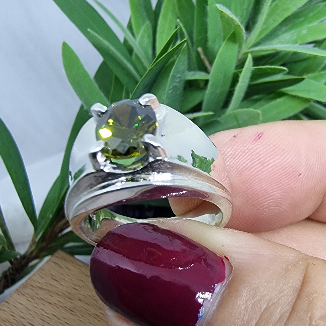 Wide silver band ring with green gemstone image 2