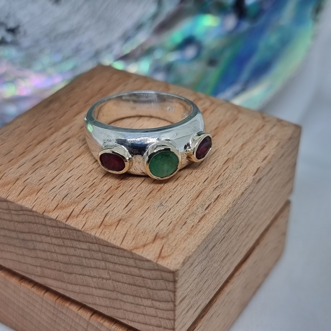 Silver ring with natural emerald and rubies in 9ct gold setting image 2
