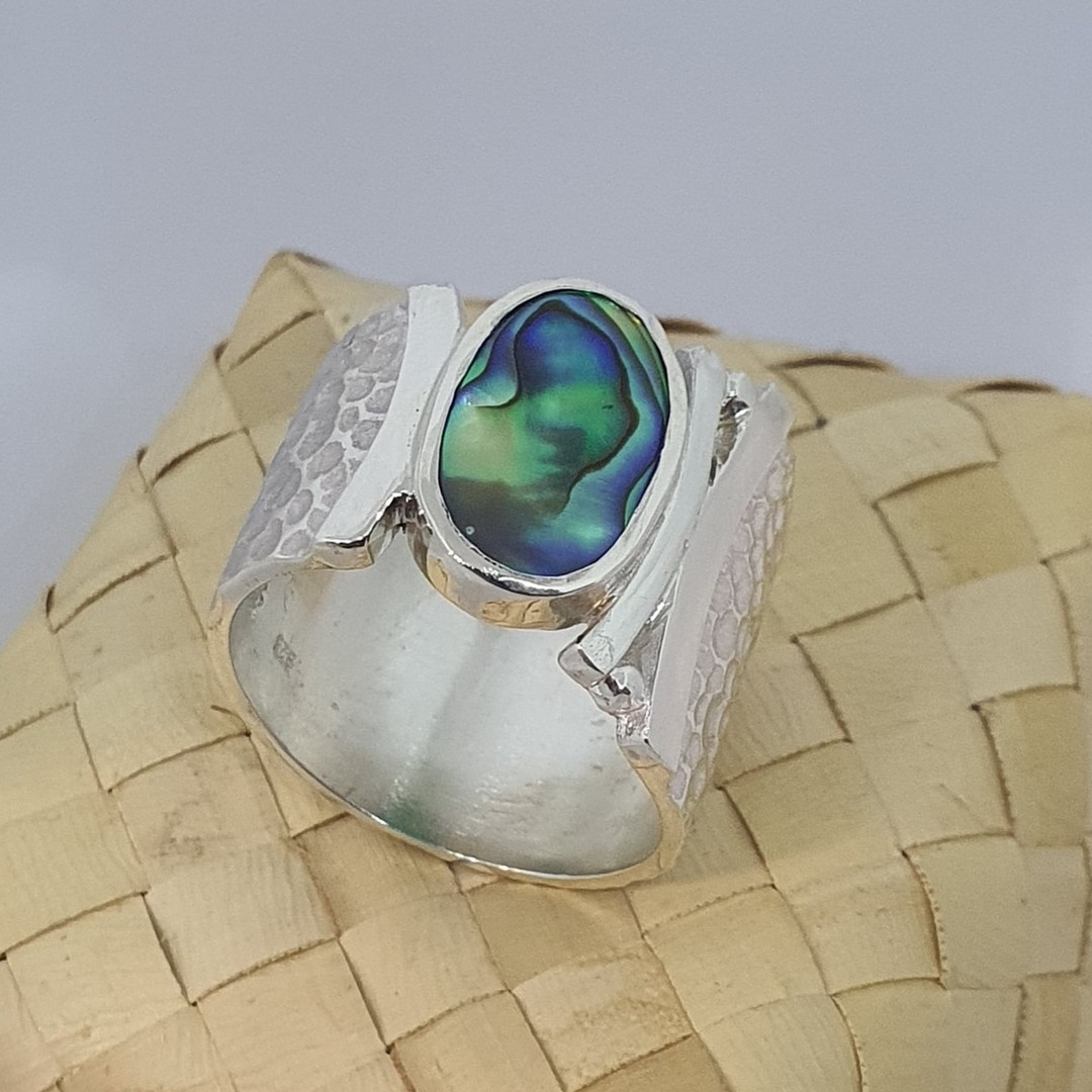 Wide hammered silver ring with NZ paua shell image 0