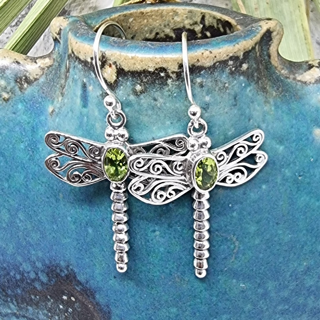 Silver peridot dragonfly earrings image 2