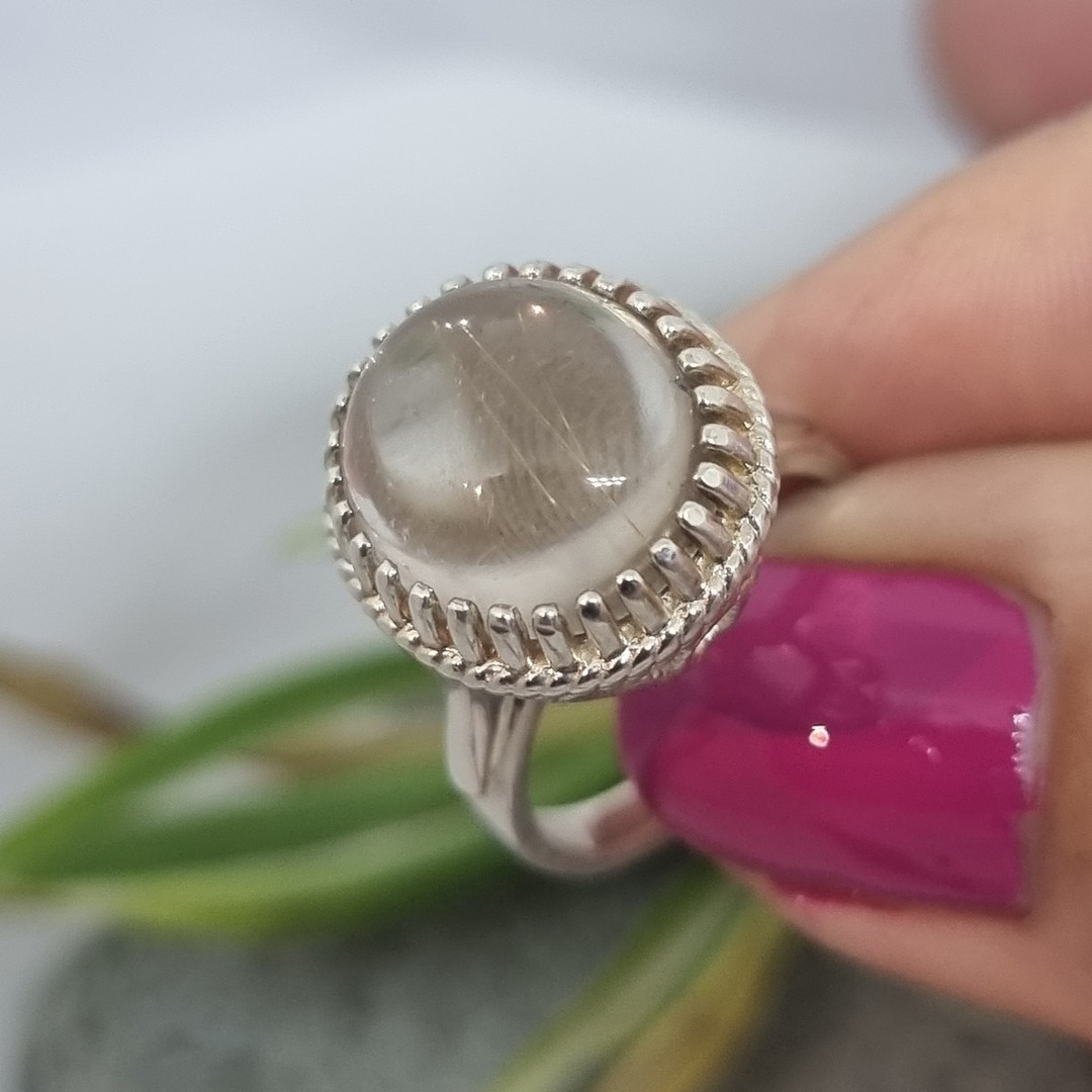 Sterling silver ring with large oval rutilated quartz - Size O image 0