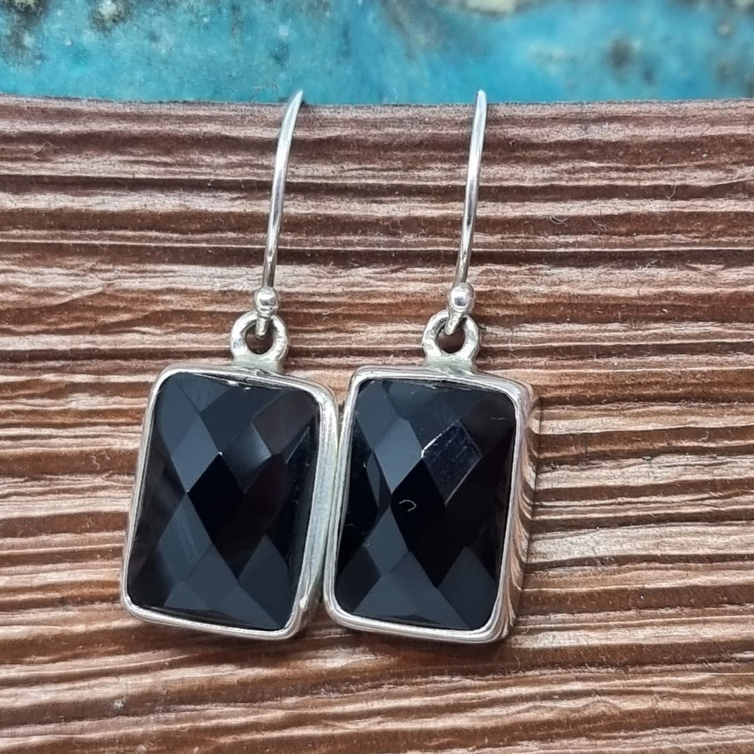 Sterling silver facet cut black onyx earrings image 3
