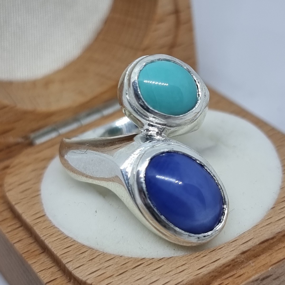 Turquoise and blue gemstone silver ring image 3