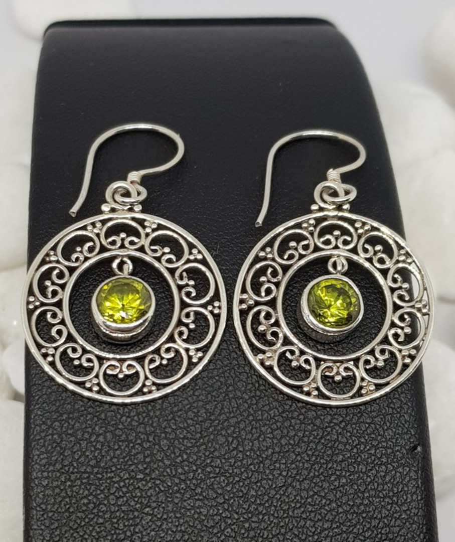 Silver lace hoop earrings with green peridot image 1