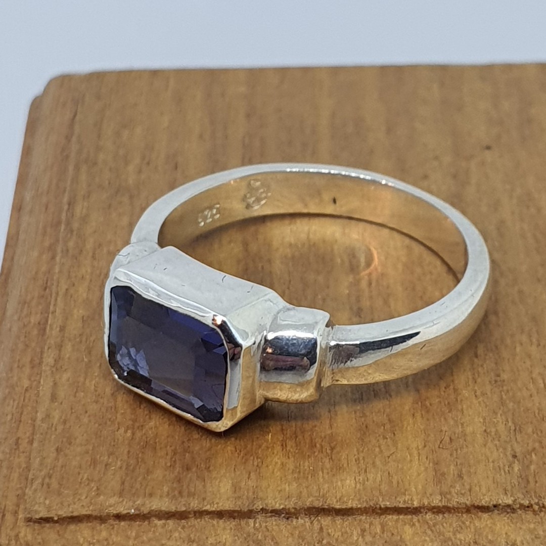 Sterling silver ring with sapphire blue rectangle stone image 1
