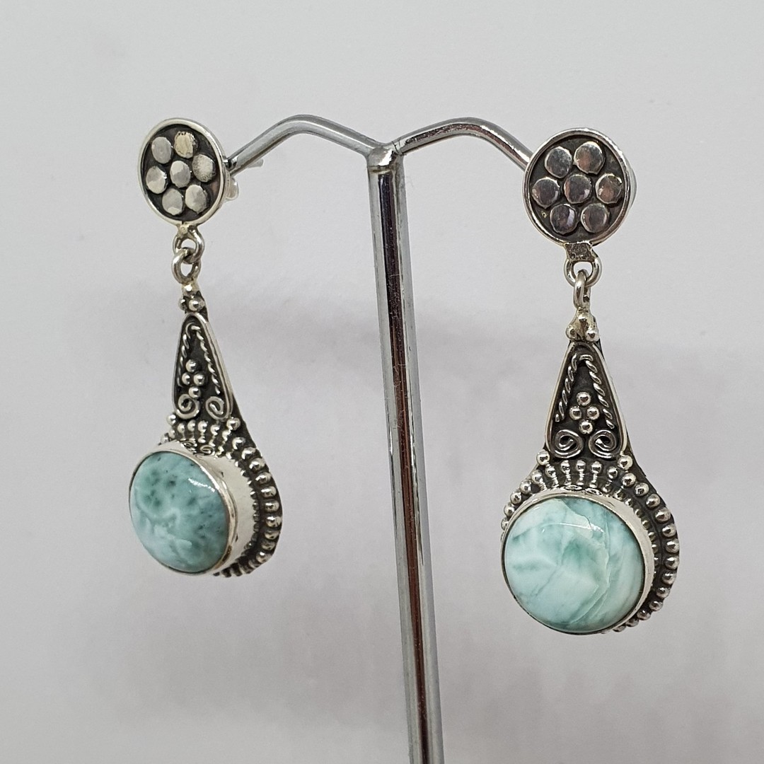 Round larimar gemstone, long teardrop silver earrings image 1