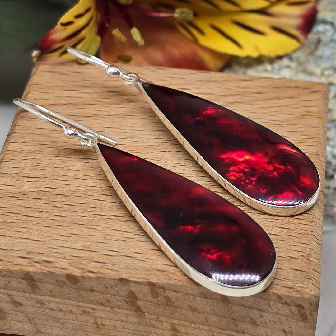 Elongated oval red earrings, sterling silver gorgeous shine image 0