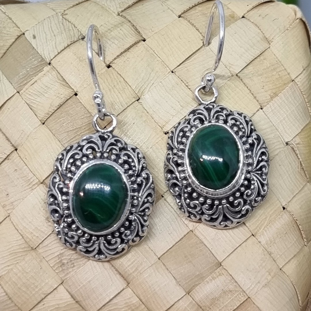 Sterling silver malachite gemstone hook earrings image 1