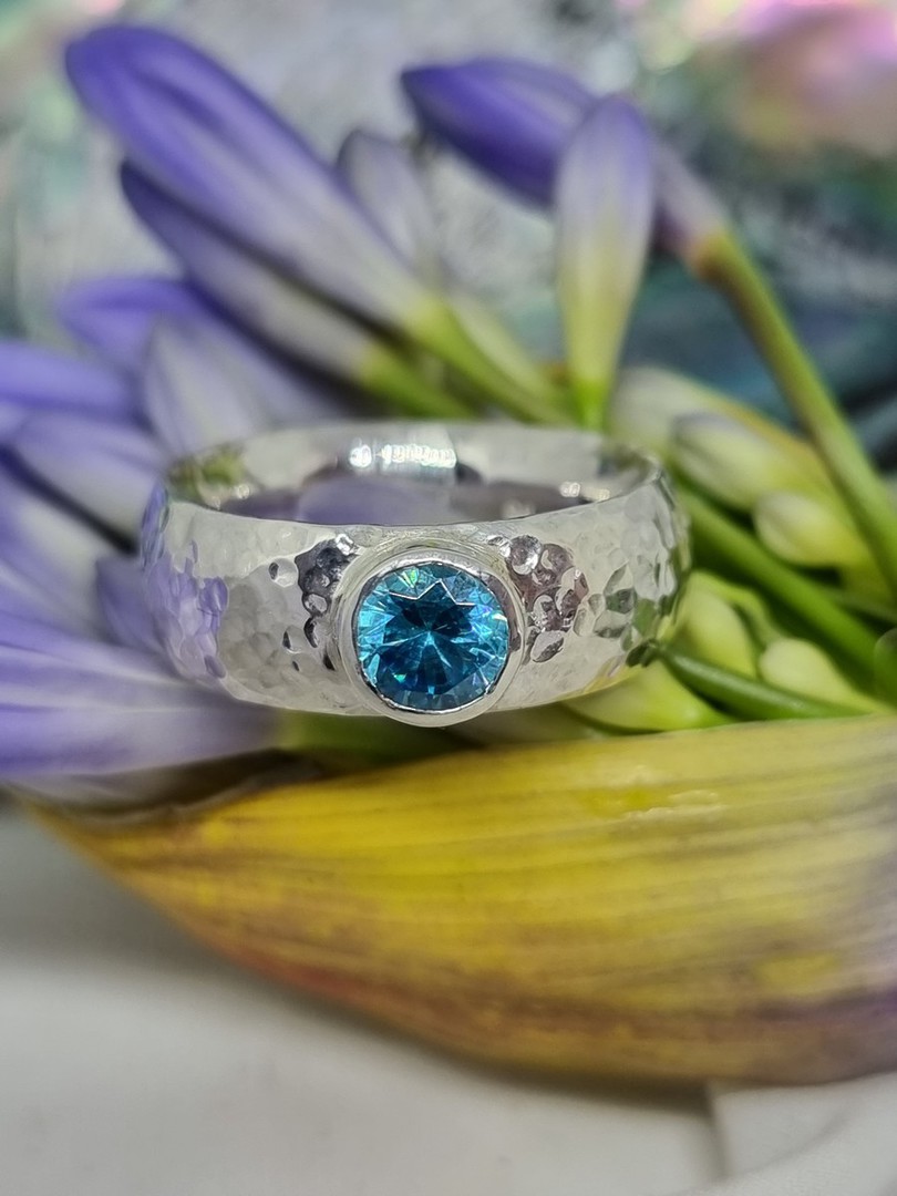 Sterling silver hammered band with blue topaz image 3