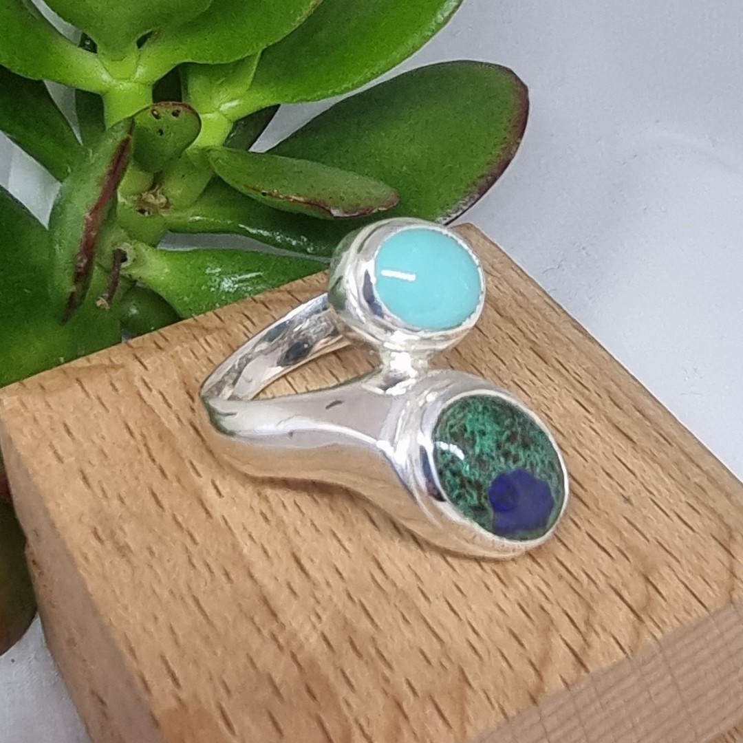 Turquoise and malachite azurite gemstone silver ring image 5