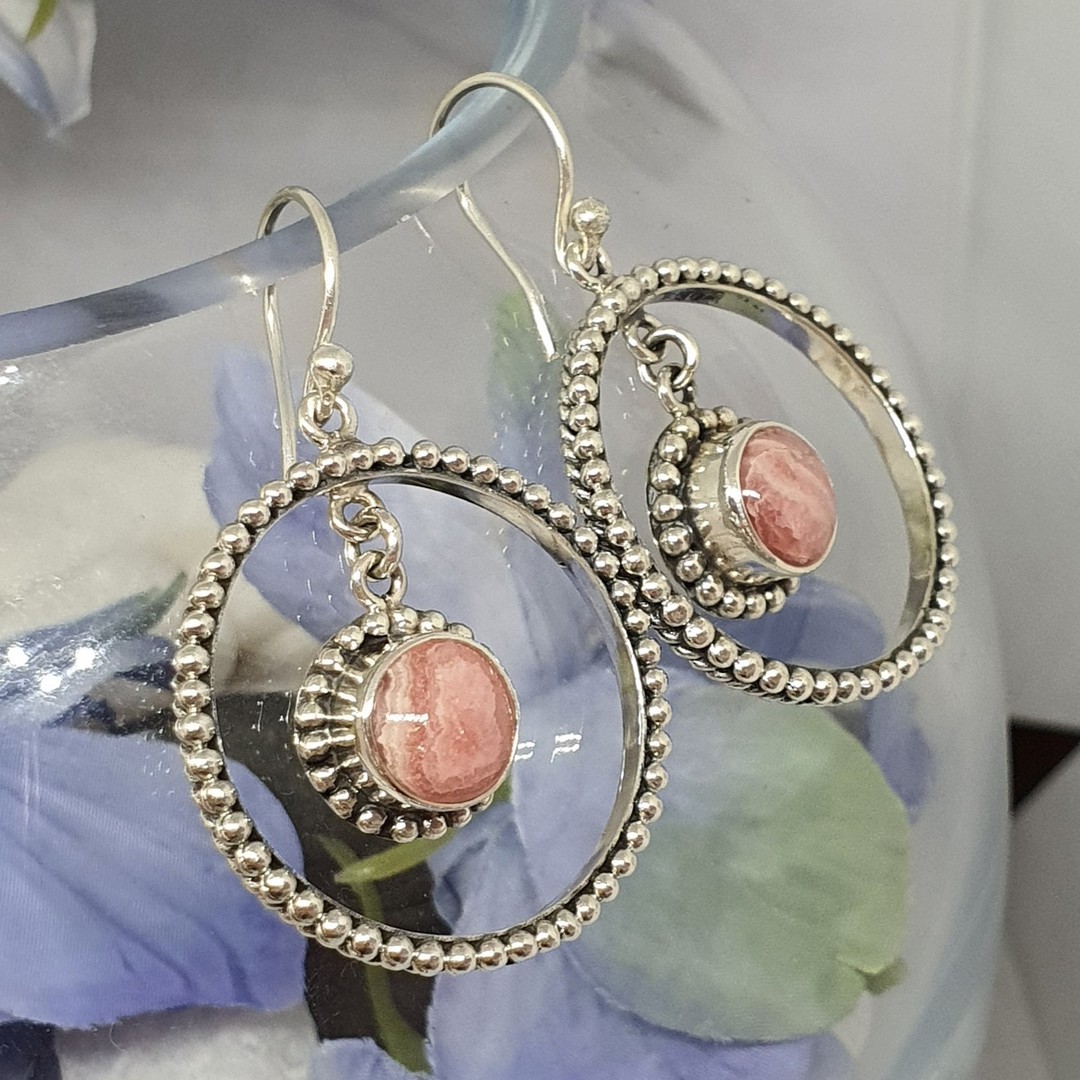 Fabulous, large decorated rhodochrosite gemstone hoop earrings image 2
