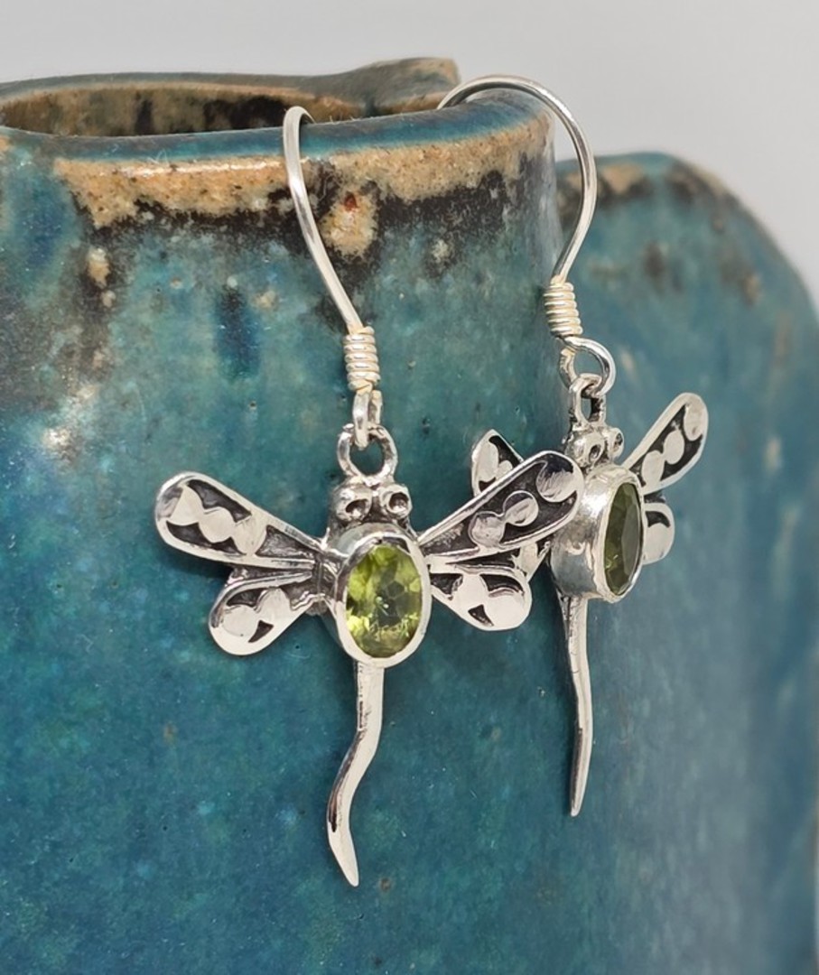 Silver Dragonfly earrings with Green C/Z image 0