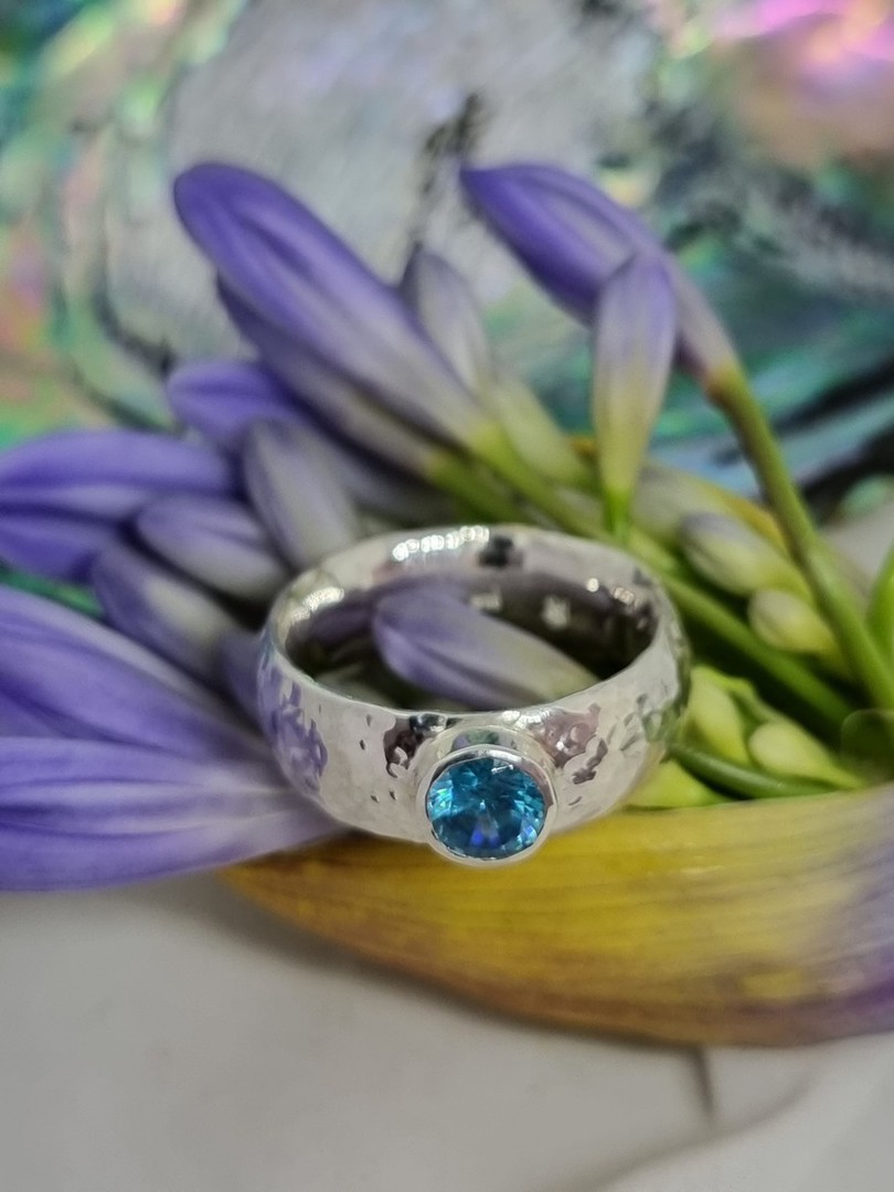 Sterling silver hammered band with blue topaz image 2