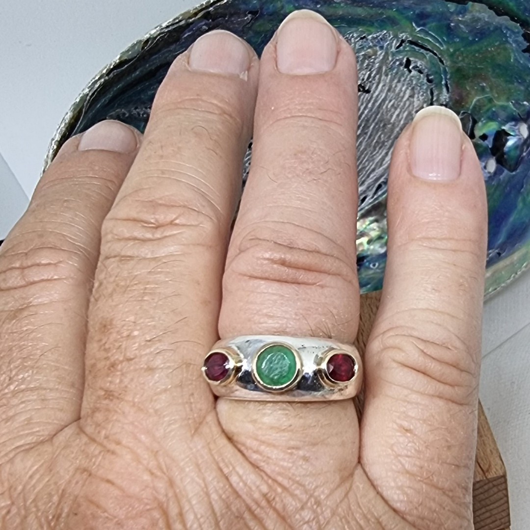 Silver ring with natural emerald and rubies in 9ct gold setting image 4