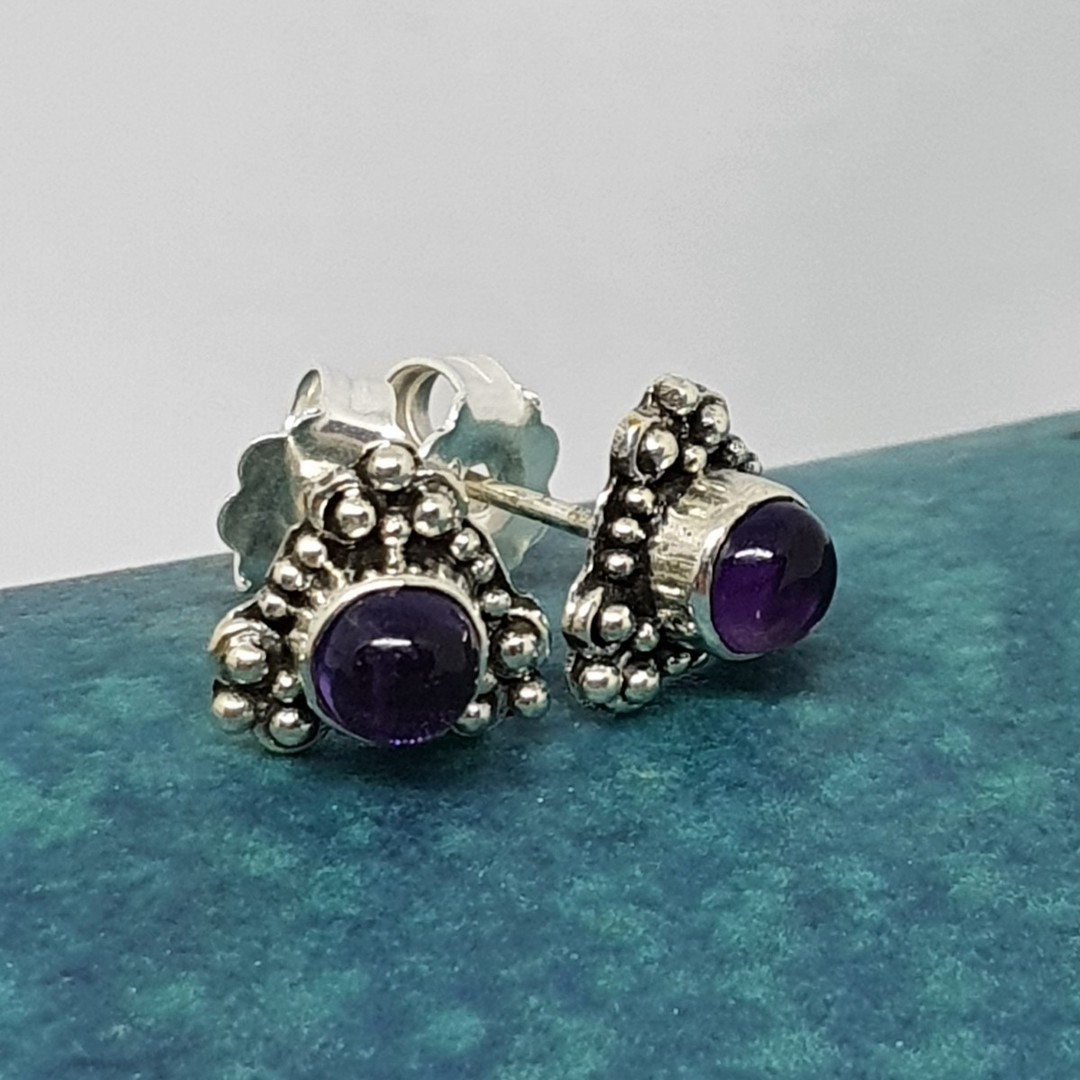 Silver stud earrings with natural amethyst image 0