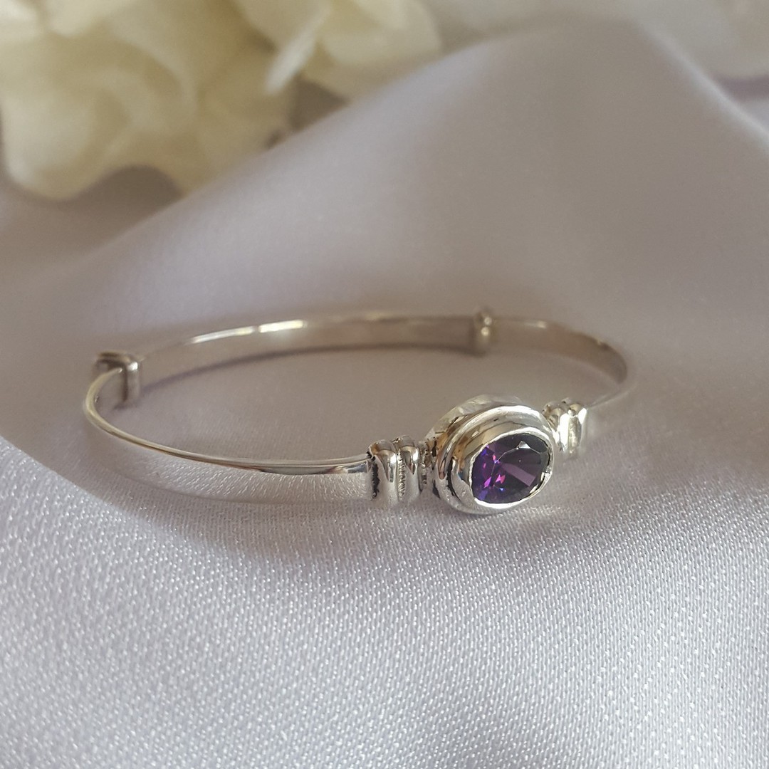 Adjustable silver baby bangle with synthetic amethyst image 4