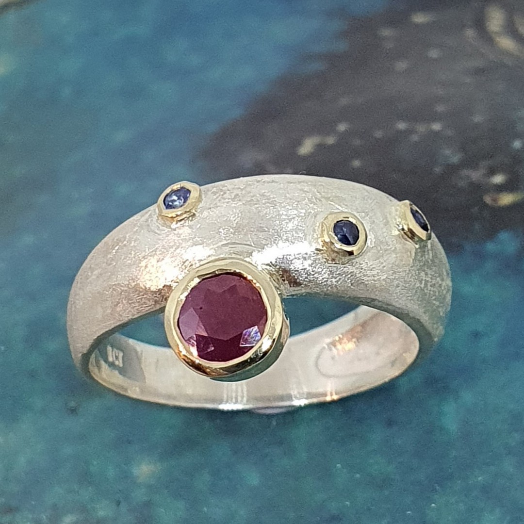 Made in NZ silver ruby and sapphire ring image 0