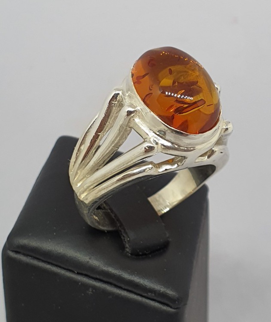 Large high set, silver amber ring image 0
