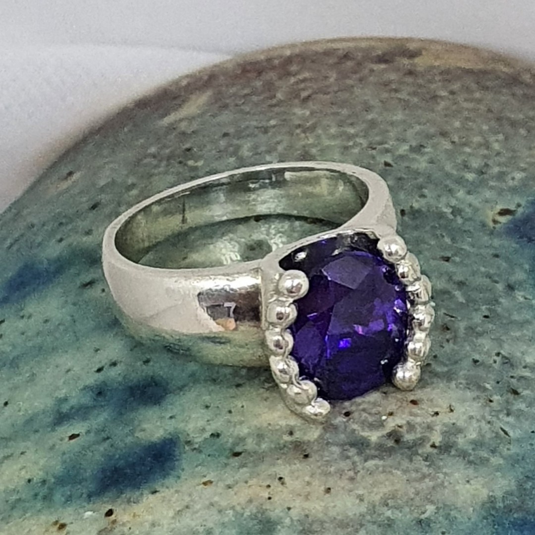 Silver ring with deep purple stone, made in NZ - Size L image 0