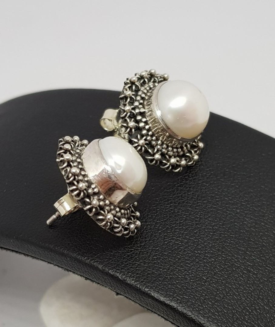 Large white pearl stud earrings with filigree silver frames image 4