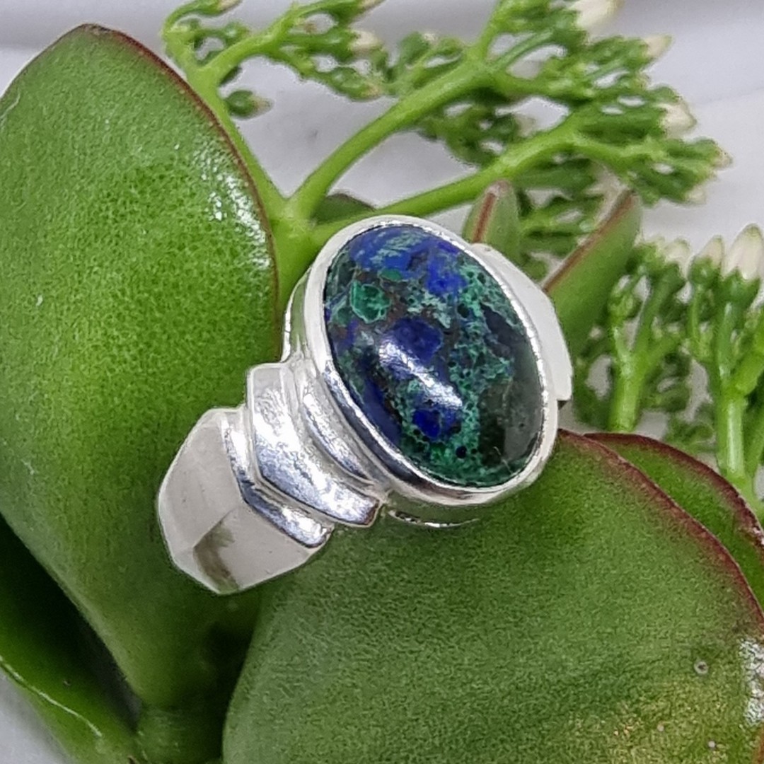 Sterling silver oval azurite malachite ring, made in NZ image 3